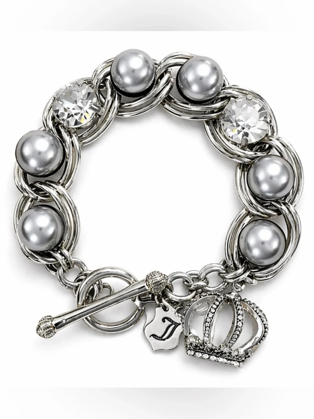 Juicy Couture Pearl Crystal Crown Charm Toggle Bracelet Silver Glam NWT